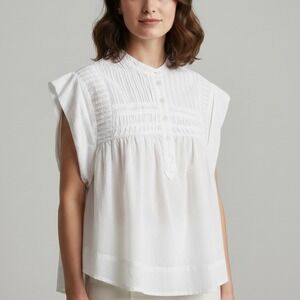 Ro's Garden White Cotton Nini Pintuck Smocked Cap Sleeve Blouse Top Size Medium